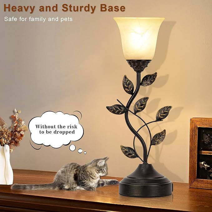 Bedside Lamps Set of 2, 20 Inch Retro Style Table Lamp for Bedroom Touch Control 3-Way Dimmable with USB C+A Charging Ports, Torchiere Lamps for Night Stands Metal Leaf and Glass Shade, Bulbs Included