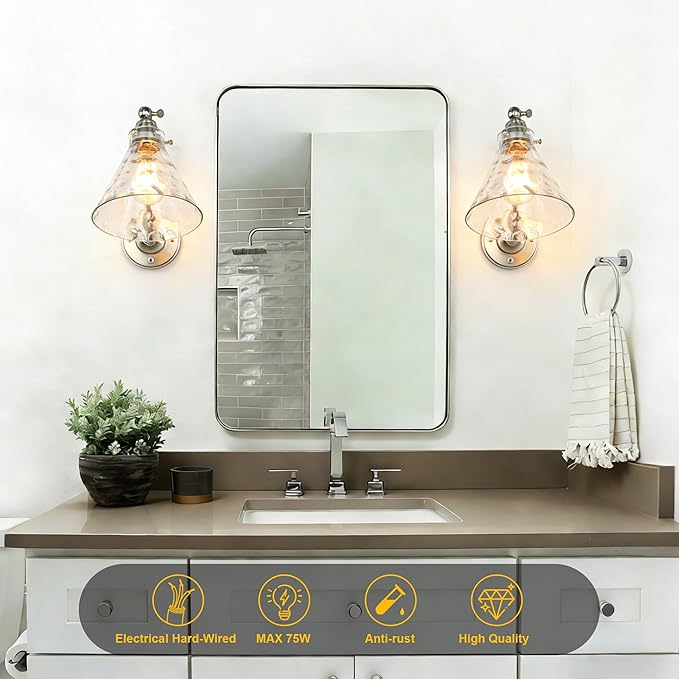 Industrial Vintage Slope Pole Wall Mount Single Sconce with Funnel Flared Clear Glass Shade, Swing Arm Wall Sconce Light Lamp Fixture Hardwired