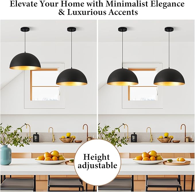 Farmhouse Pendant Light Fixtures,12" Pendant Lights Kitchen Island, Black and Gold Industrial Hanging Ceiling Light for Kitchen Foyer Cafe Dining Room Sink,2 Pack