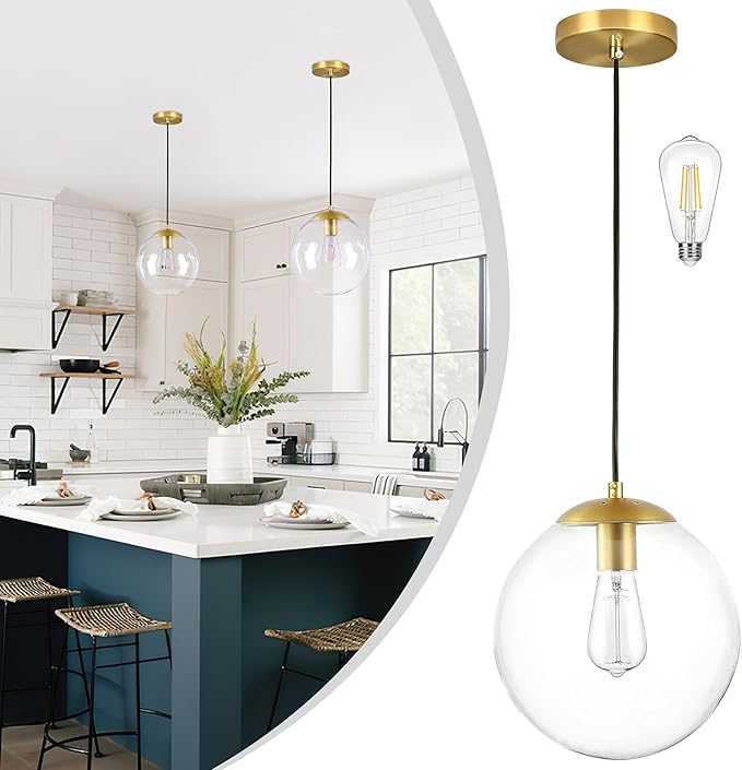KoKo&Yukina 10" Globe Pendant Light Gold Mid Century Pendant Glass Globe Light Fixture Mid Century Modern Light Fixture Brushed Brass Finished with Clear Glass Lampshade for Dining Room Bedroom