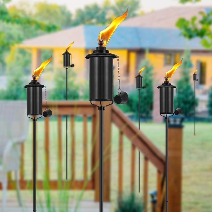 Home Garden Torch Set of 6, 16oz Outdoor Metal Torch Garden Décor, 59-Inch Upgraded Citronella Torches with 3-Prong Grounded Stake, Metal Light Torches for Party Patio Pathway
