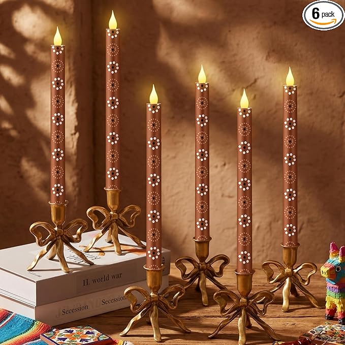 Honoson 6 Pcs Mexican Flameless Taper Candles 10.6 Inch Platos De Barro Mexicanos Candles Battery Operated LED Candlesticks for Mexican Home Decor Talavera Cielito Lindo Cinco De Mayo Party Gifts