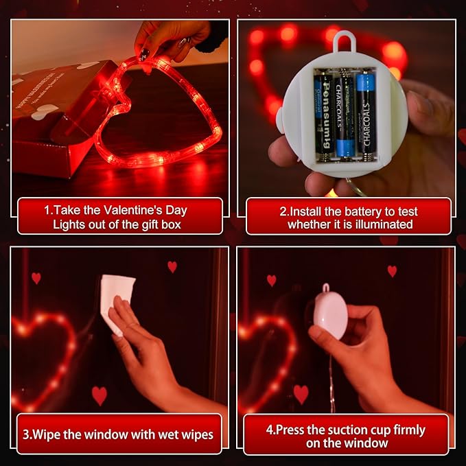 3 Pack Valentines Day Window Lights Decorations with Timer, Battery Powered Hanging Red Lighted Heart Shaped Silhouette Sucker LED Lamp for Fireplace Indoor Home Decor