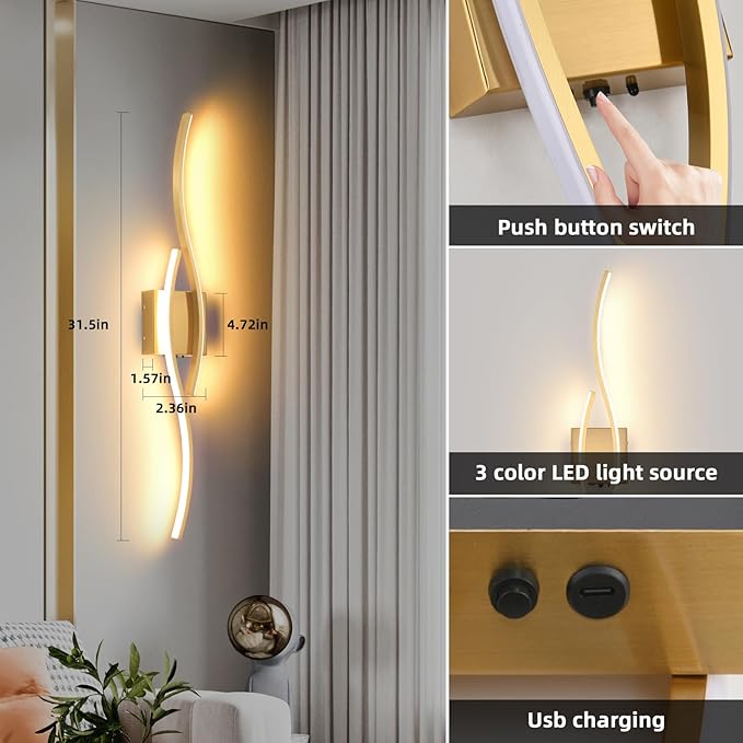 Battery Powered Wall Sconces Set of 2, Gold 31.4" LED Dimmable Wall Sconce with Remote Control/Timer/Memory, USB Rechargeable Wall Lights for Living Room, Bedroom, Hallway Wireless scones Lighting