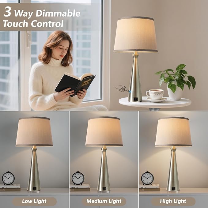 Seealle Modern Table Lamps Set of 2 - Touch Bedside Lamp for Nightstand with USB C+A,3-Way Dimmable Silver Nightstand Lamps for Living Room Bedroom End Table with Grey Shade(Bulb Included)