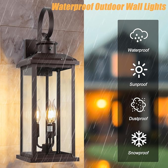 24" Dusk to Dawn Outdoor Wall Sconce: Bronze Large Porch Light 3-Light Waterproof Modern Exterior Lighting Fixture Wall Mounted, Outside Lamp for House Garage E12