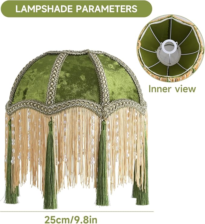 xiaojuande-Lampshade with tassels, Premium Classic Victorian, Style Bell Shape Scallop velvet top replacement lamp,10.14inch Width(olive green)