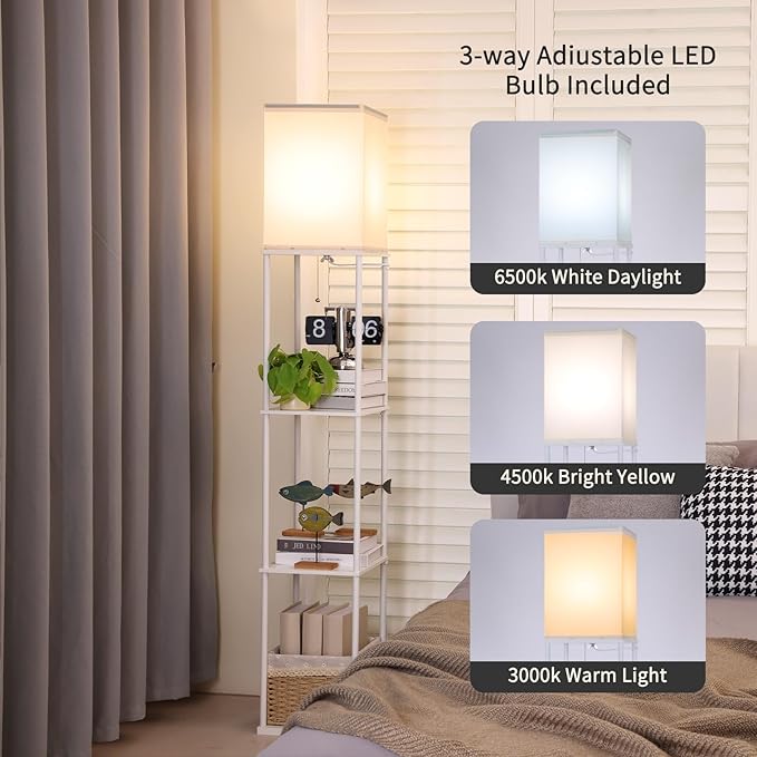 Floor Lamp with Shelves, Modern Square Standing Lamp with 3 Color Temperature Bulb, Corner Display Bookshelf Lamp for Living Room, Bedroom and Office（White）