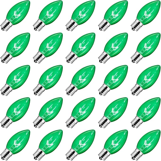 25 Pack C9 Incandescent Bulb Green, C9 Christmas Replacement Light Bulb for Christmas String Light, E17 Intermediate Base, 7 Watt, Green