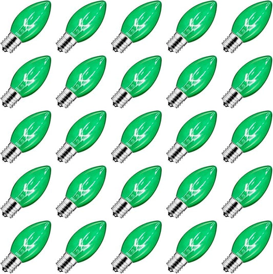 25 Pack C9 Incandescent Bulb Green, C9 Christmas Replacement Light Bulb for Christmas String Light, E17 Intermediate Base, 7 Watt, Green