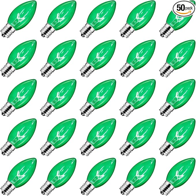 Brightown 50 Pack C9 Replacement Bulbs, Christmas C9 Incandescent Bulbs for Christmas String Lights, Christma Tree, Indoor Outdoor Holiday Decor, E17 Intermediate Base, 7 Watts, Green