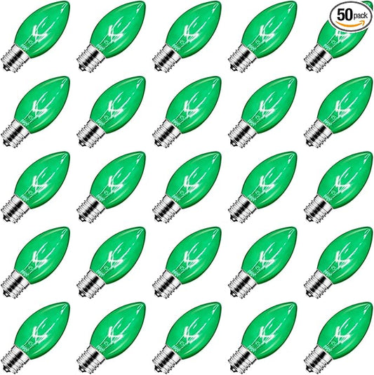 Brightown 50 Pack C9 Replacement Bulbs, Christmas C9 Incandescent Bulbs for Christmas String Lights, Christma Tree, Indoor Outdoor Holiday Decor, E17 Intermediate Base, 7 Watts, Green