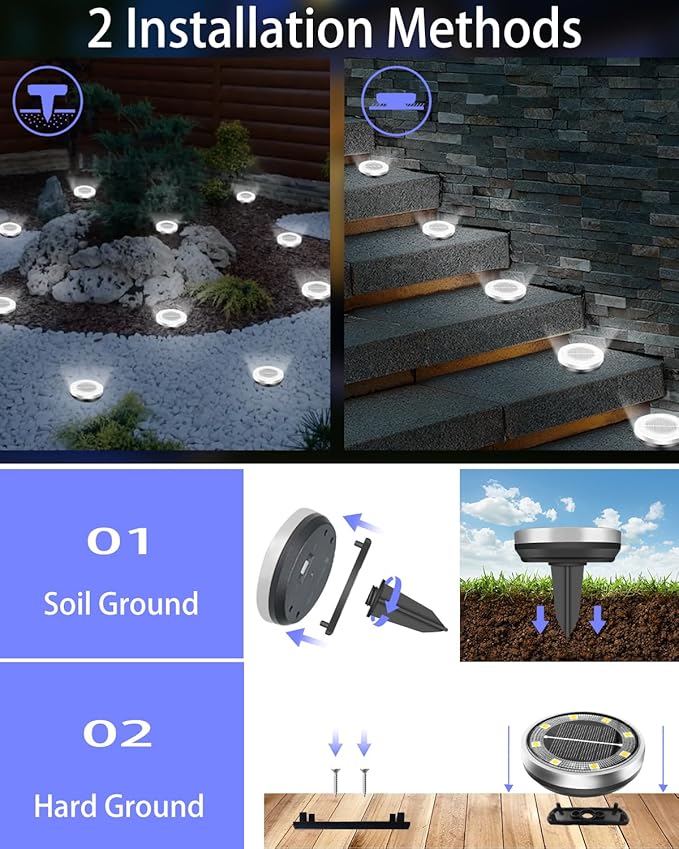 Solar Lights Outdoor Waterproof, 18 Pack 8 LED, Thickened Stainless Steel Ground Light, Solar Garden Lights Landscape Lighting for Patio Pathway Lawn Yard Deck Driveway Walkway, Cool White