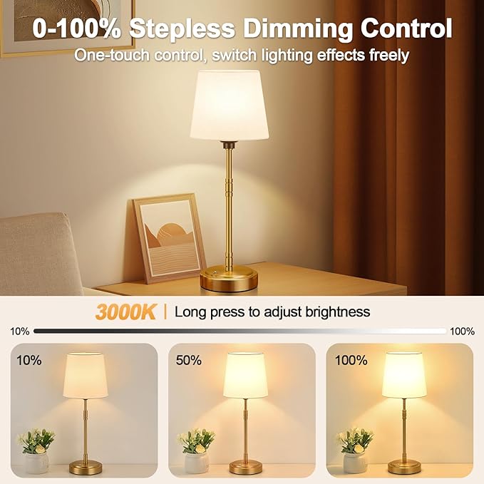 Cordless Table Lamps Set of 2 – Battery Operated Lamp with 7500mAh Rechargeable Battery, Stepless Dimmable Vintage Brushed Gold Desk Wireless Lamps for Dining Room, Nightstand & Patio (Bulbs Included)