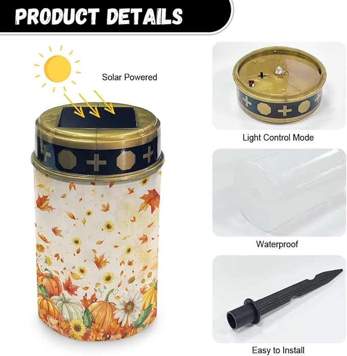 Fall Maple Leaf Pumpkin Prayer Cemetery Solar Lights for Grave Cemetery Decor Candle Lamp Solar Powered Landscape Lights for Grave