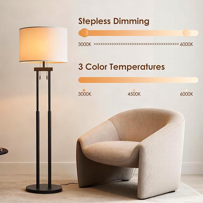 Dimmable Floor Lamps, Floor Lamp with Remote & App Control, 3 Color Temperatures, Stepless Dimming, Reading Floor Lamp, Standing Lamp, Tall Lamp, Floor Lamps for Living Room, 2 Bulbs(Included)