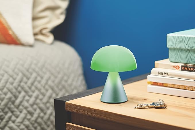 Lexon Mina M Mushroom Lamp - Portable Bedside Light for Bedrooms, Kids & Nursery - 9 LED Color Rechargeable Table Lamp with 24h Light & Dimmer, Medium - Mint