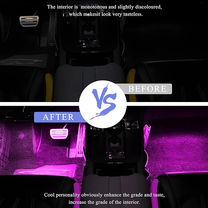 Car LED Strip Light, 12V 24 LEDs Auto Interior Atmosphere Lamp with Cigarette Adapter Plug, Vehicle Under Dash Ambient Neon Night Light Decorative Strip, Car Accessories (Pink Purple)