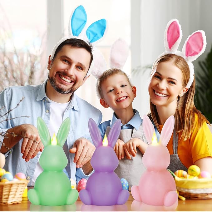 Leorate 3PCS Easter Bunny Flameless Candles – 7.5" Battery Operated LED Rabbit Candles with Flickering Flame, Green Purple Pink Real Wax Finish for Easter Decor, Table Centerpiece & Spring Home