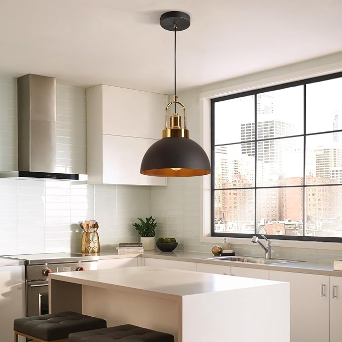 Vintage Industrial Pendant Light Black Pendant Light with 9.84-inch Dome and Brass Socket, 78.74-inch Wire – Perfect for Kitchen Island, Dining Room, Hallway, Bedroom, Living Room
