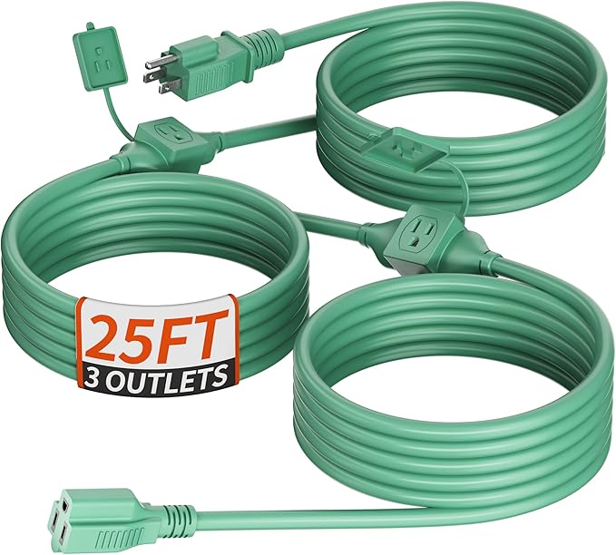 25 FT Green Outdoor Extension Cord with Multiple Outlets, 16/3 Gauge Outdoor Green Extension Cord Evenly Spaced 3 Outlets Plugs Waterproof, 13AMP 1625W 125V 16AWG SJTW, ETL Listed