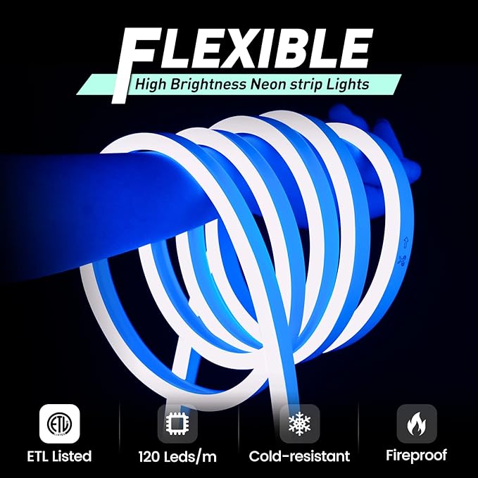 GZBtech Flexible LED Neon Rope Lights 33FT,AC 110-120V Waterproof Strip Light, 120 LEDs/M Cuttable Connectable Neon Lighting for Indoor Outdoor Home Decor/Commercial Building Use-Blue 10M, ETL Listed