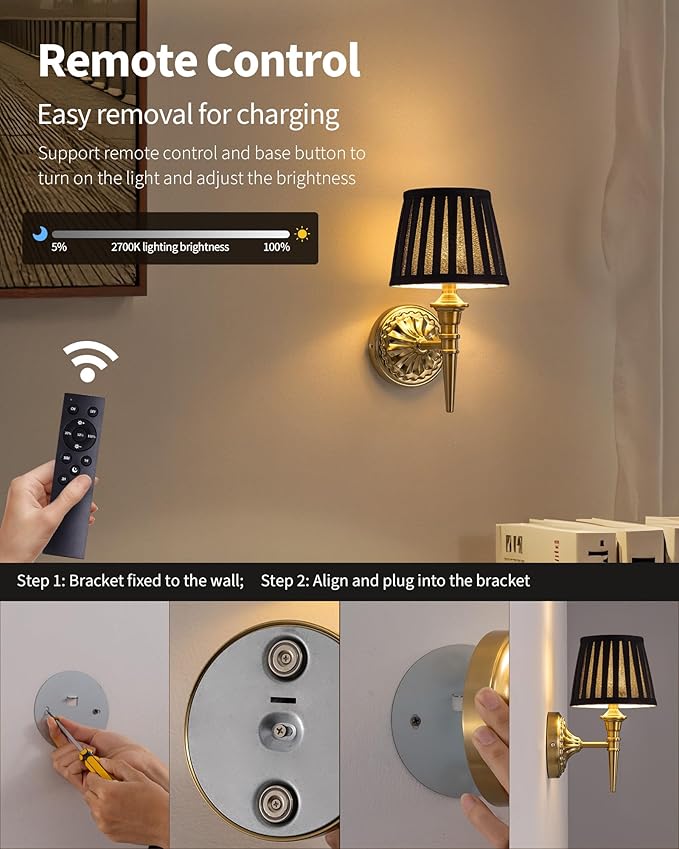 KDG Cordless Wall Sconces Set of 2, Small Wireless 5200mAh Rechargeable Battery Fabric LED Wall Lamps, Portables Lightings for Wall Painting, Living Room, Bedroom, Hallway, Gifts (Black Lampshde)