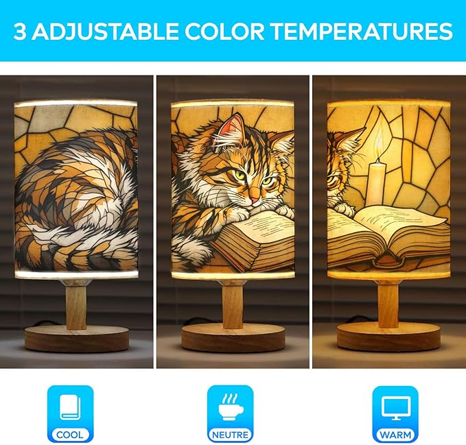 Cat & Book Table Lamp LED 3-Color Pressed Bedside, Cat & Book Shade Lamp with Wood Base for Bedroom Living Room Desk Office TL01