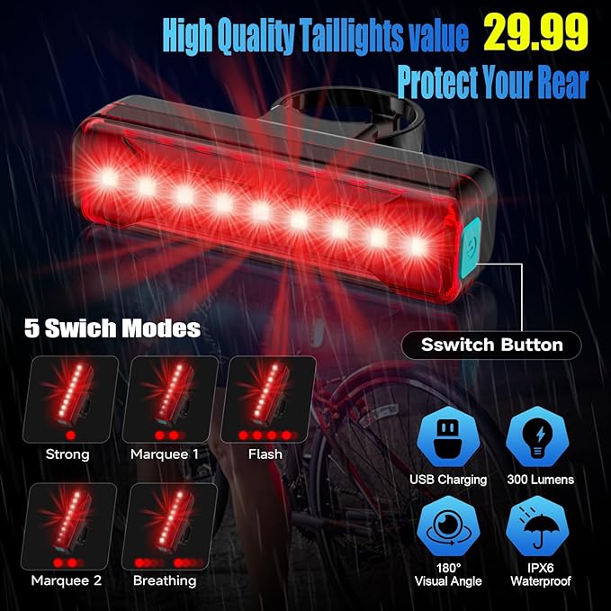 2026 Lumen Bike Lights,Super Bright 6 LED Rechargeable Bicycle Light,10 Mode Headlight Taillight,360°Rotatable Brackt,Aluminum Waterproof Light,Runtime 48+ hrs,Shockproof for Road,Mountain