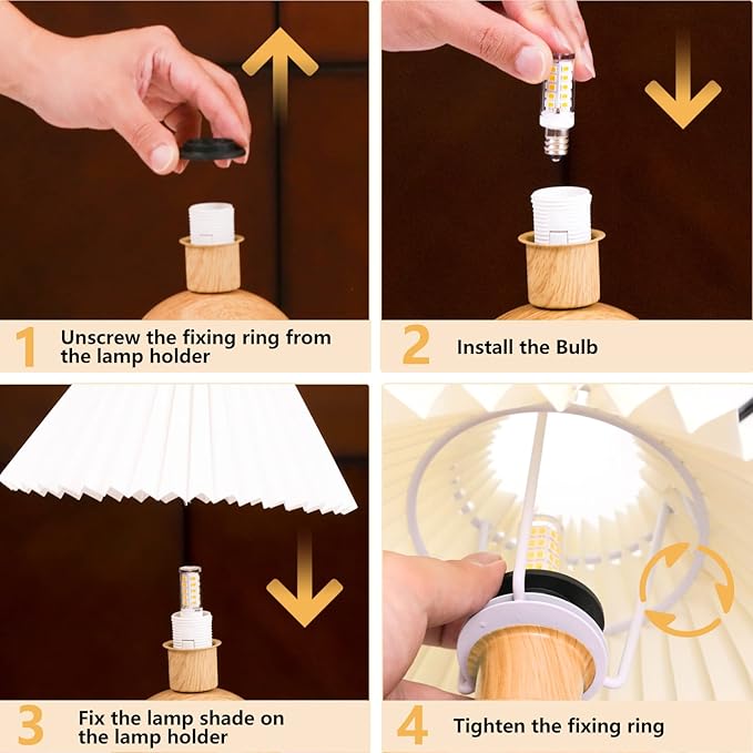 KUNJOULAM Small Pleated Table Lamp, Modern Bedside Nightstand Lamp with Beige Lampshade, Metal Base Cute Lamp for Bedroom, Living Room, Kids Room, Dorm with E12 Bulb