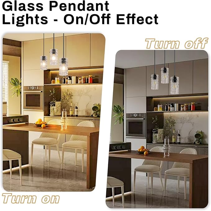 Black Glass Pendant Lights, Pendant Light Fixtures, Pendant Lights for Kitchen Island Living Room,with Meatel Adjustable Hanging Rod,(3 Lights)