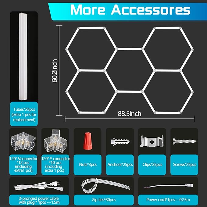 Hexagon Garage Lights,192W 21000LM,5 Grids Hexagon Led Lights,7000K Honeycomb Lights for Garage,Car Detailing Shop, Basement,Warehouse