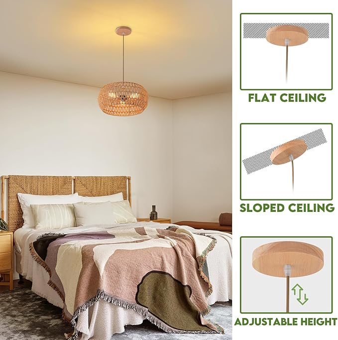 Rattan Light Fixture Dinning Room Pendant Light Boho Chandelier Hanging Light Ceiling Mount Hand Woven Lamp Shade 3-light Drum Chandelier Basket Light for Bedroom Hallway Kitchen Island Light Fixture