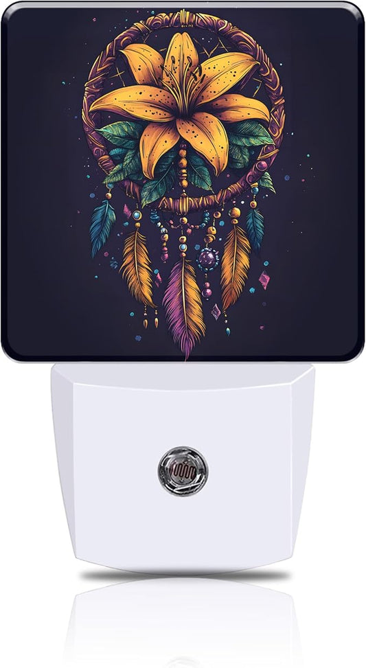 Dream Catcher Flowers Night Light, Colorful Feathers Plug-in Nightlight with Dusk to Dawn Auto Sensor for Home Bedroom Hallway Kitchen 0.5W Sleep Friendly Led Lamp for Women Men