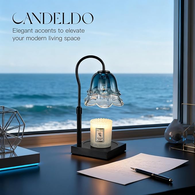 Candle Warmer Lamp with Timer: Navy Blue Flower Candle Warming Lamp with 2 Bulbs Height Adjustable Wax Warmer Dimmable Bedroom Decor Mothers Day Birthday Gift for Women