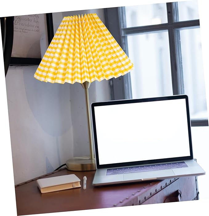 Vaguelly Small Pleated Drum Lampshade for Table Lamp Iron Frame with Yellow Plaid Fabric Easy Installation for Bedroom Living Home and Office Use