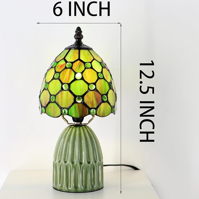 Tiffany Lamp Stained Glass Mushroom Table Lamps 6X6X12.5 Inch Brownish Green Pearl Style Small Night Light Ceramic Base Mini Accent Desk Light Suitable for Bedside Table Bedroom Children Room