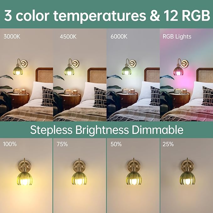 Vintage Battery Operated Wall Sconce, 5000mAh Rechargeable Wall Light, Indoor Battery Powered Wall Lamp for Bedside Bedroom Living Room, Tulip Green