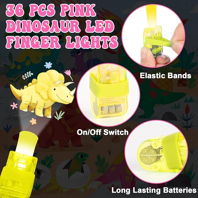 36Pcs Pink Dinosaur LED Finger Lights Pink Dinosaurs Glow in the Dark Light Up Finger Lights Watercolor Dino Party Favors Dino Bulk for Birthday Goodie Bag Stuffer Gifts Prize