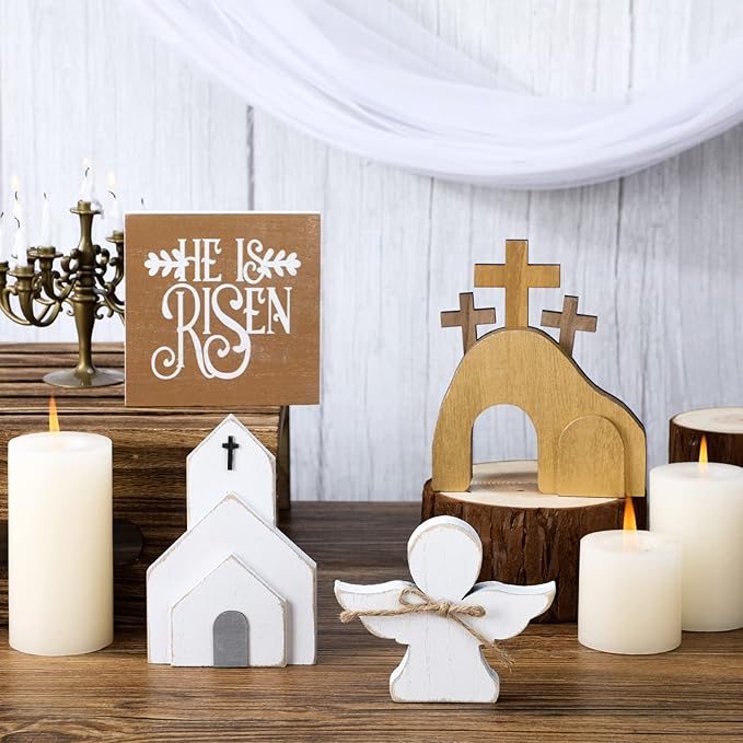 Glenmal 4 Pcs Easter Tiered Tray Decor He is Risen Religious Tiered Tray Decorations Wooden Easter Jesus Sign with LED Fairy Lights for Farmhouse Home Church Table Christian Catholic Cross Gifts