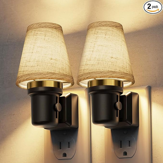 L LOHAS LED Night Lights Plug into Wall, 2 Pack Linen Fabric Round Platform Decor Night Light, Dusk to Dawn Sensor Vintage Nightlight, 0-100LM Dimmable, for Bedroom Living Room Hallway