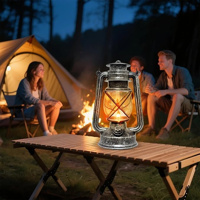Vintage LED Outdoor Lantern Battery Powered Lanterns with Flame Wick Waterproof Camping Lamp Non-Solar Hanging Lantern Lights Landscape Decor for Indoor/Outdoor Use- Silver Color