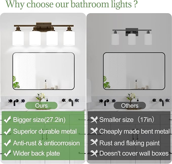 4-Light Bathroom Light Fixtures, Vanity Light with Milky White Shades, Oil-Rubbed Bronze Bathroom Light Fixtures Over Mirror, Modern Bathroom Wall Lamp for Mirror Living Room Cabinet Bedroom