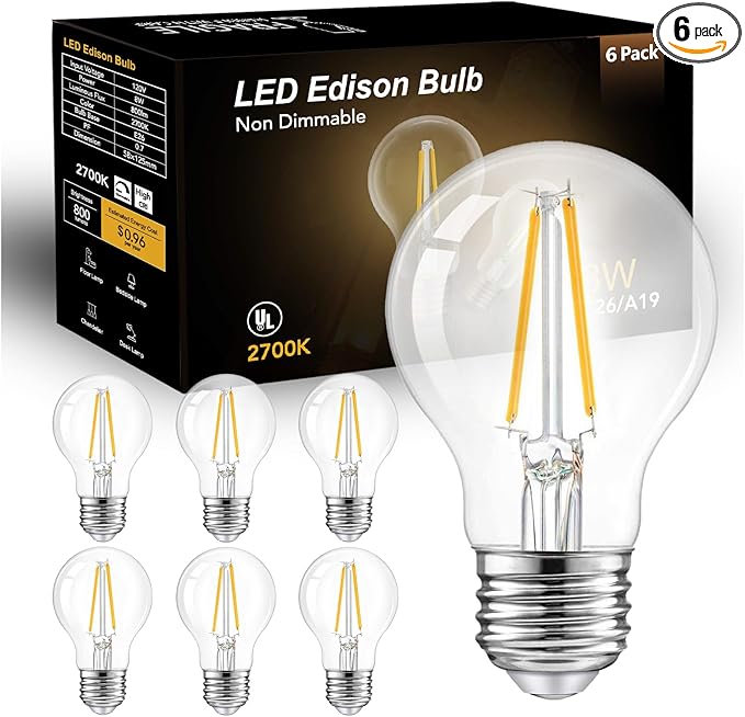 dalattin A19 Vintage LED Edison Bulbs, 60W Equivalent Light Bulbs, 2700K Soft White, Clear Glass Filament Bulb, Efficient 8W, E26 Base, 800 LM, CRI80+, Non-Dimmable for Home, Farmhouse, 6 Pack