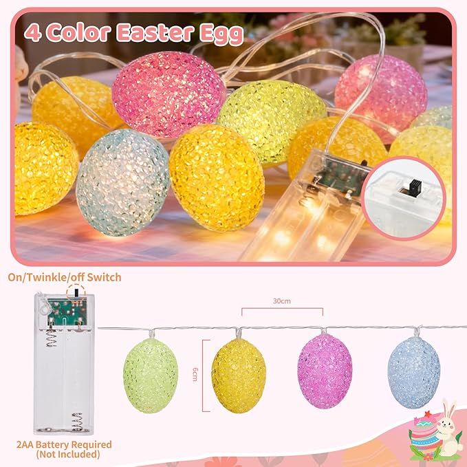 LED Easter Egg Lights String, 10ft 10 LED Pastel Lights, Steady On Easters Eggs Ornaments Battery Powered for Easter, Party, Home Decorations, White Wire