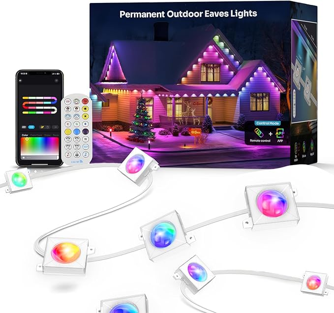 Permanent Outdoor Lights,50FT RGB+IC LED Lights with Smart APP & Remote Control, 72 Scene Modes, Waterproof IP65 for Holiday,Christmas,Yard Decorations(Extension Cord Not Included)
