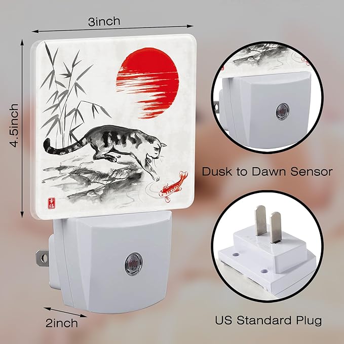 Watercolor Cat and Koi Fish Night Light, Red Sun Bamboo Ink Painting Dusk to Dawn Night Light Plug in,0.5w Energy Saving Sleep Friendly NightLight for Kids Boys Girls Home Decor