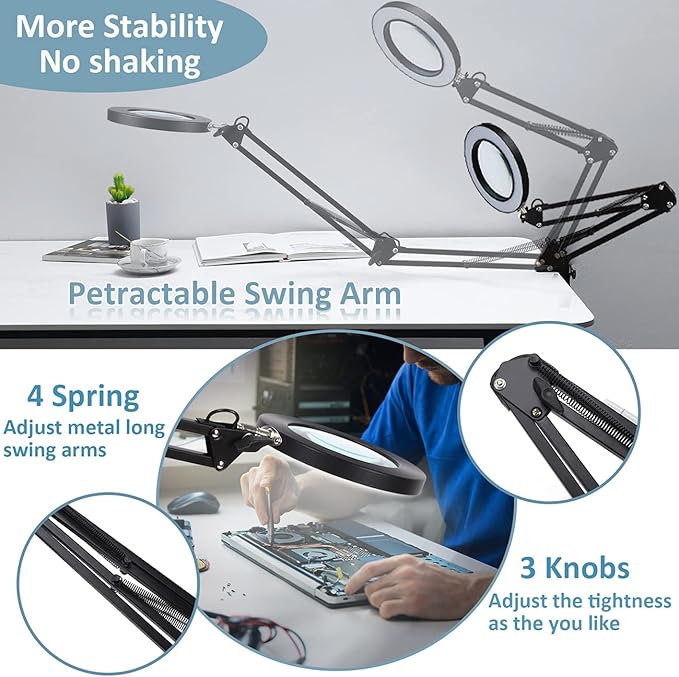 LANCOSC 12X Magnifying Glass with Light and Stand, Real Glass Lens 3 Color Modes Stepless Dimmable, Hands Free Adjustable Arm LED Lighted Magnifier Desk Lamp & Clamp for Crafts Reading Repair - Black