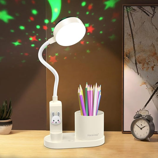 Cute Desk Lamp with Star Projector, Pink Desk Light 3 Brightness Levels Dimmable, Battery Operated, Foldable Portable Rechargeable LED Reading Lamp for Home Dorm Office Essentials Decor