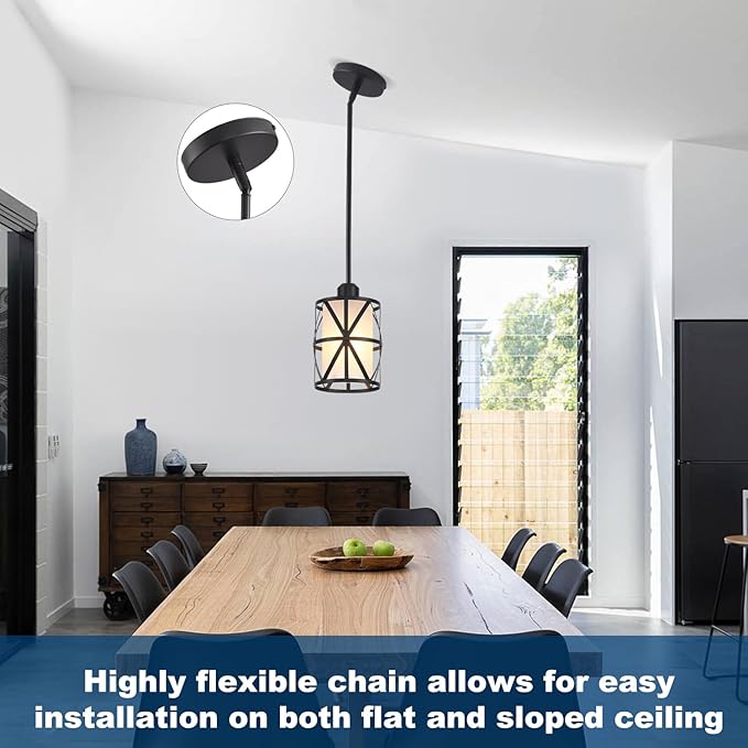 3 Pack Pendant Light Kitchen Island Pendant Light, Stem Rod Hanging Light with Spiral Cage Frosted Glass Shade, Black Modern Indoor Hanging Lamp